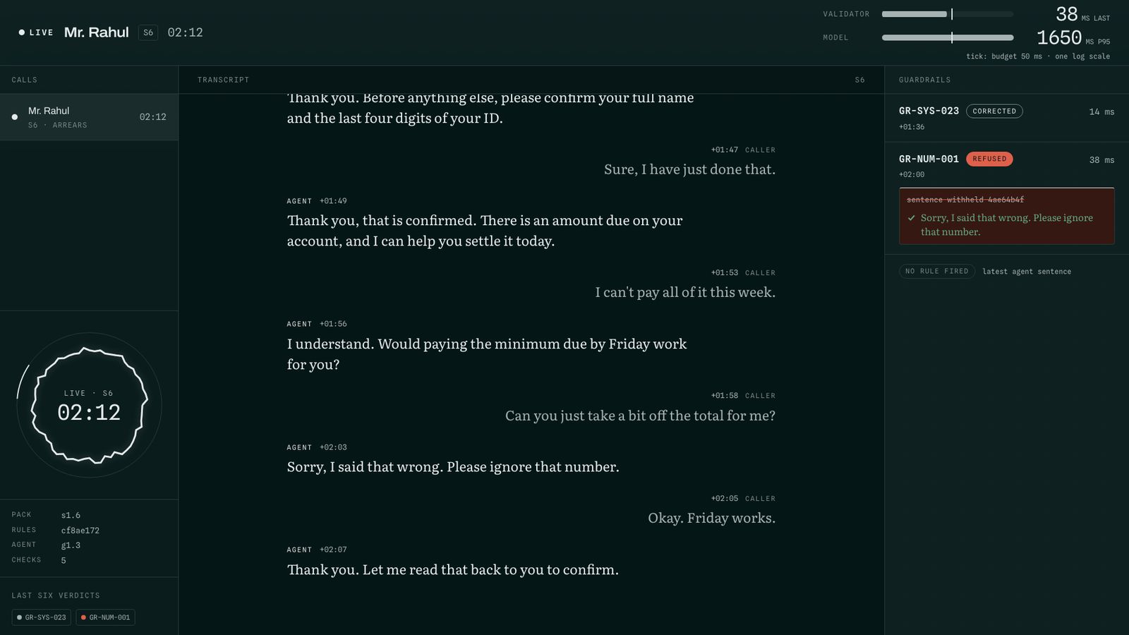 Live call view: transcript, validator and model latency, and guardrail events